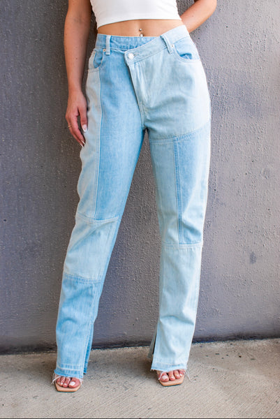 Cross Waist Color Block Denim Pants