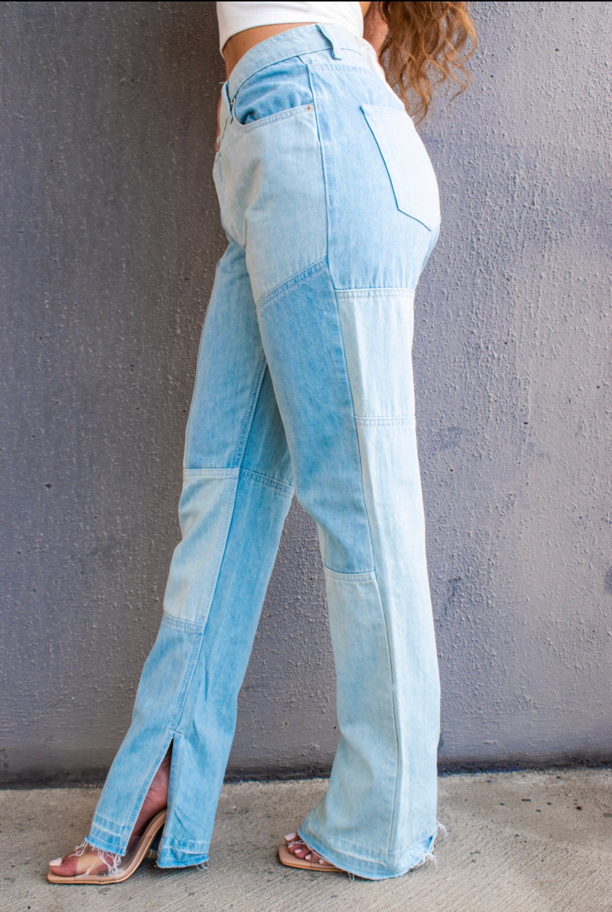 Cross Waist Color Block Denim Pants