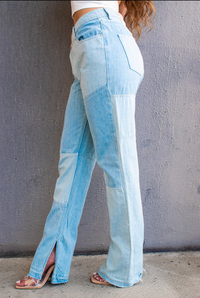 Cross Waist Color Block Denim Pants