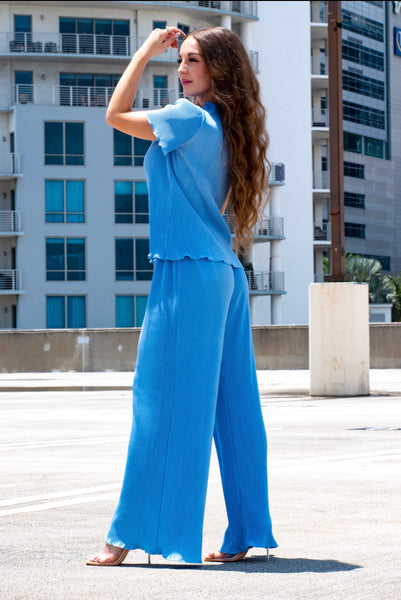 Short sleeve belted wide leg pant set